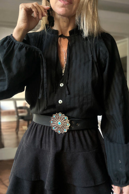 Black Striped Jacquard Tie Split Neck Long Puff Sleeve Shirt