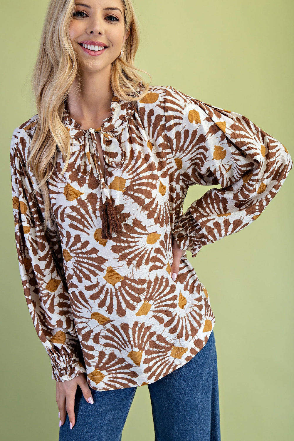 Khaki Abstract Floral Print Tassel Tie Neck Long Sleeve Blouse