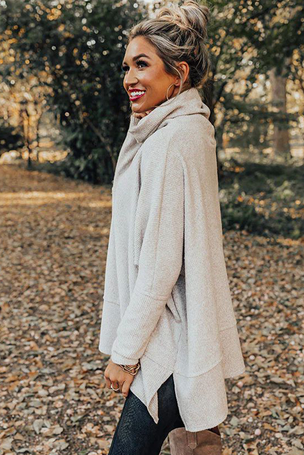 Light Grey Textured Knit Drawstring Cowl Neck Oversize Top with Side Slits