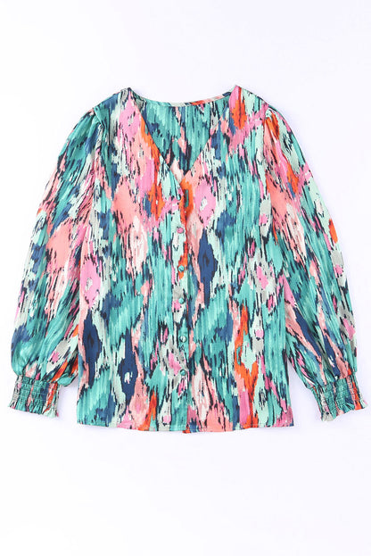 Green Abstract Print V Neck Long Sleeve Blouse for Women