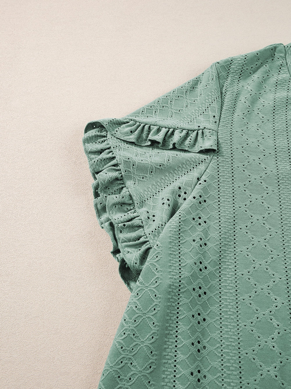 Green Jacquard V-Neck Plus Size Blouse with Petal Sleeves