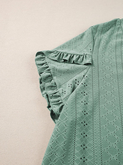 Green Jacquard V-Neck Plus Size Blouse with Petal Sleeves