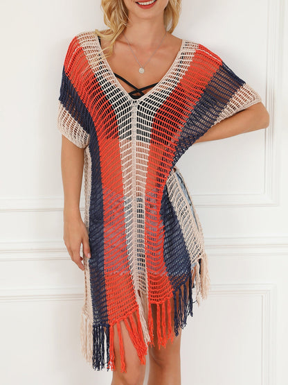 Beach Ready Striped Crochet Tassel Cover Up Dress