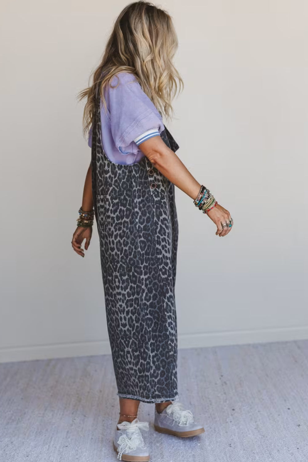 Gray Leopard Print Button Adjustable Straps Loose Denim Overall Jumpsuit