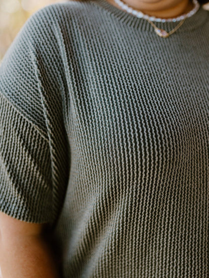 Moss Green Plus Size Rib Knit Short Sleeve Top and Shorts Set