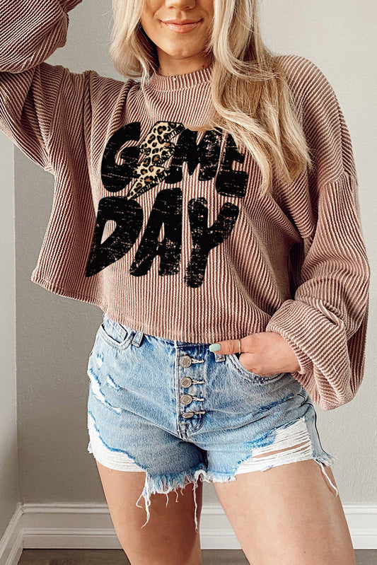 Game Day Khaki Corded Knit Top with Graphic Detail