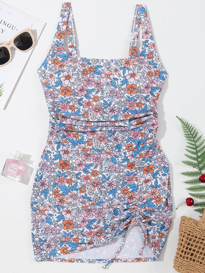 Elegant Pink Floral Drawstring Ruched Beach Swim Dress