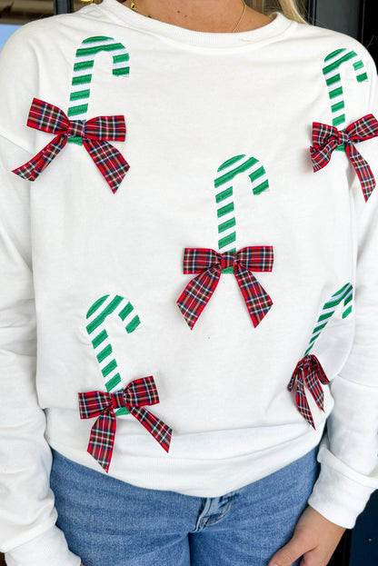 White Candy Cane Plaid Bow Decor Plus Size Drop Shoulder Sweatshirt
