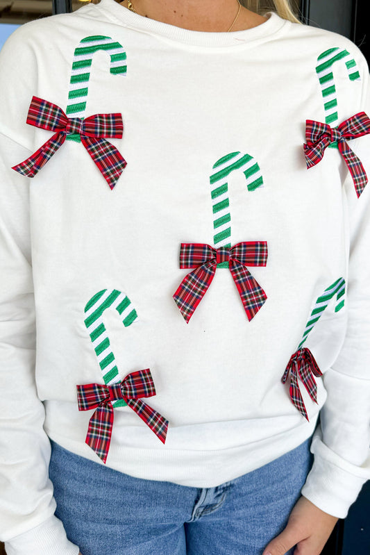 White Candy Cane Plaid Bow Decor Plus Size Drop Shoulder Sweatshirt