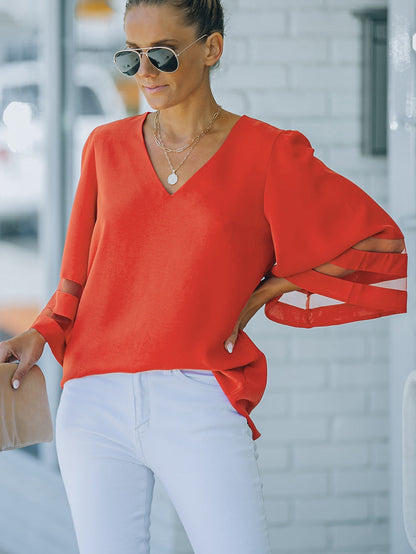 Fiery Crimson V Neck Blouse with Flare Sleeves