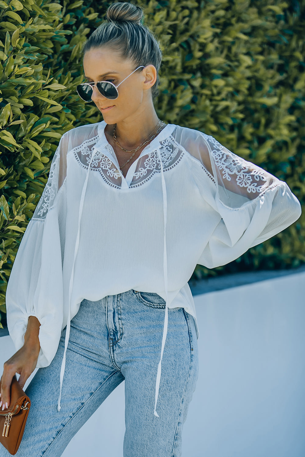 Elegant White Lace Detail V-Neck Blouse