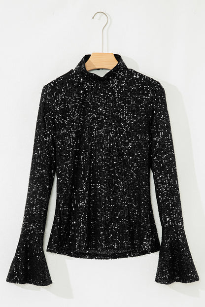 Black Sequin Mock Neck Drape Open Back Bell Sleeve Top