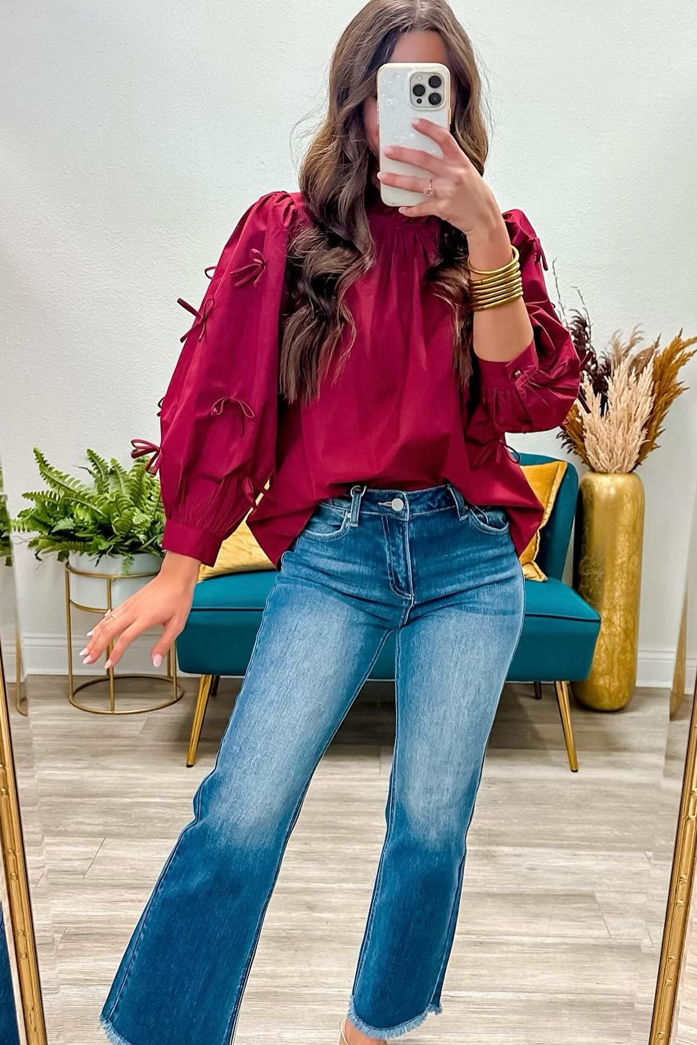 Red Dahlia Frilled Neck Bow Detail Long Slevee Blouse