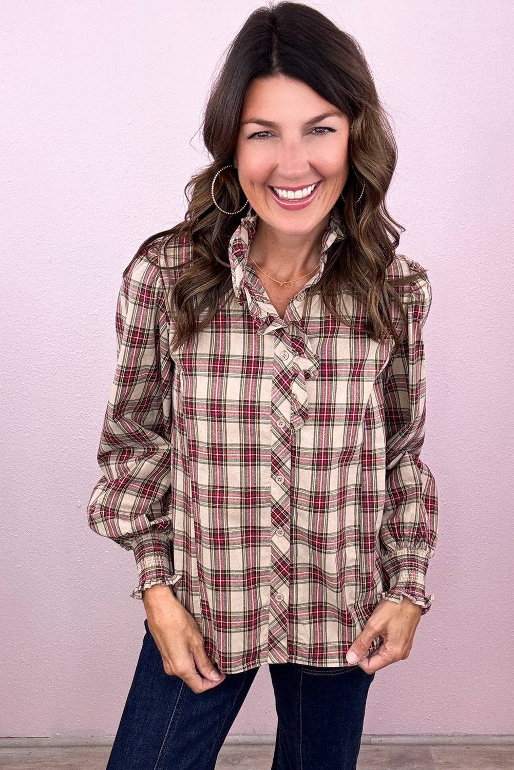 Apricot Plaid Pattern Frilled Collared Puff Sleeve Shirt