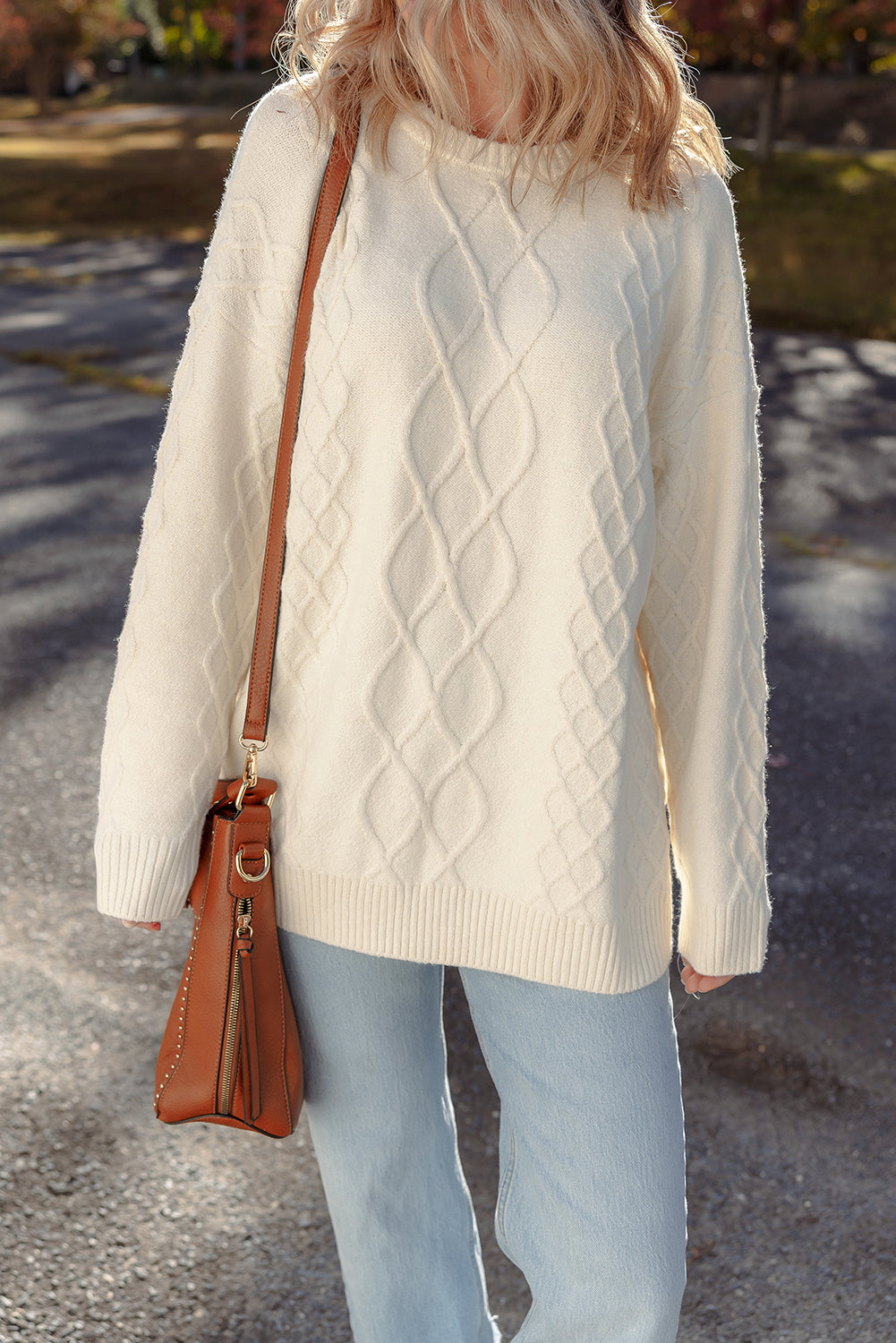 Beige Drop Shoulder Cable Knit Tunic Sweater