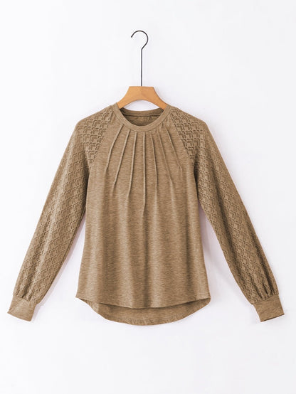 Elegant Light Beige Lace Detail Round Neck Top with Plicate Sleeves