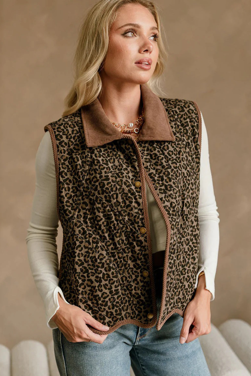 Khaki Stitched Leopard Print Corduroy Trim Contrast Collar Patchwork Vest