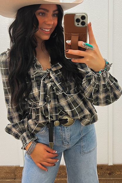 Black Plaid Print Ruffle Trim Front Tie Blouse