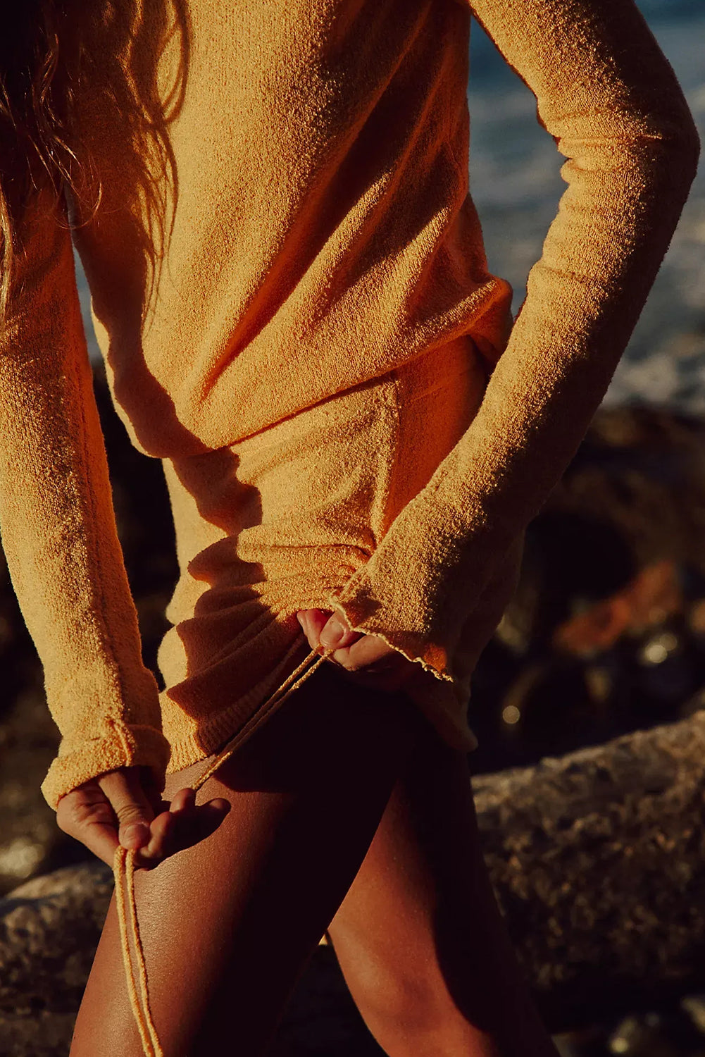 Jurassic Gold Raw Edge Trim Boat Neck Sweater Drawstring Side Mini Skirt 2pcs Outfit