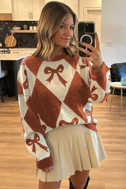 Orange Bow Print 2-tone Rhombus Knit Loose Sweater