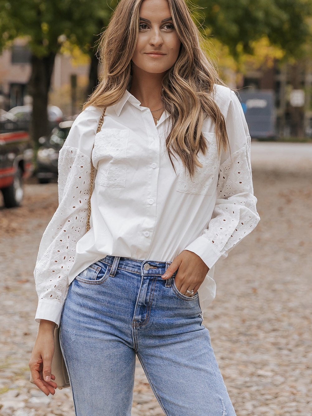 Elegant White Lace Embroidered Button-Up Shirt with Chest Pockets