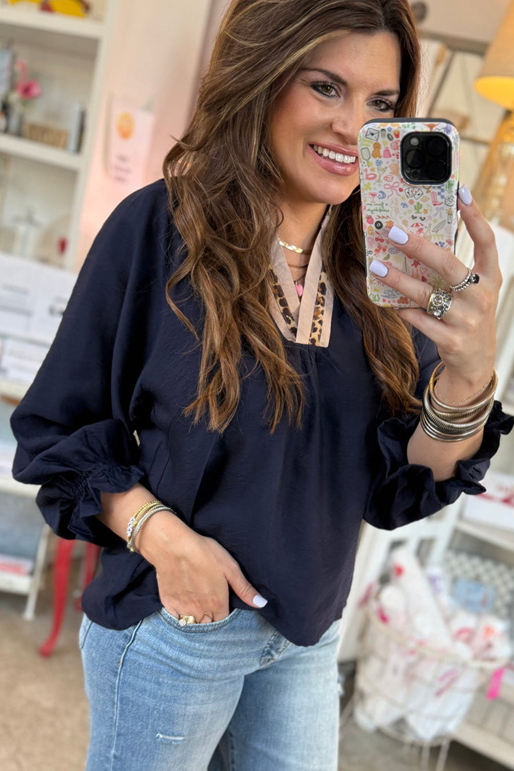 Navy Blue Contrast Leopard Patchwork Collar Plus Size Long Flounce Sleeve Blouse