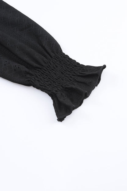 Elegant Black Eyelet Lace V Neck Ruffle Sleeve Blouse