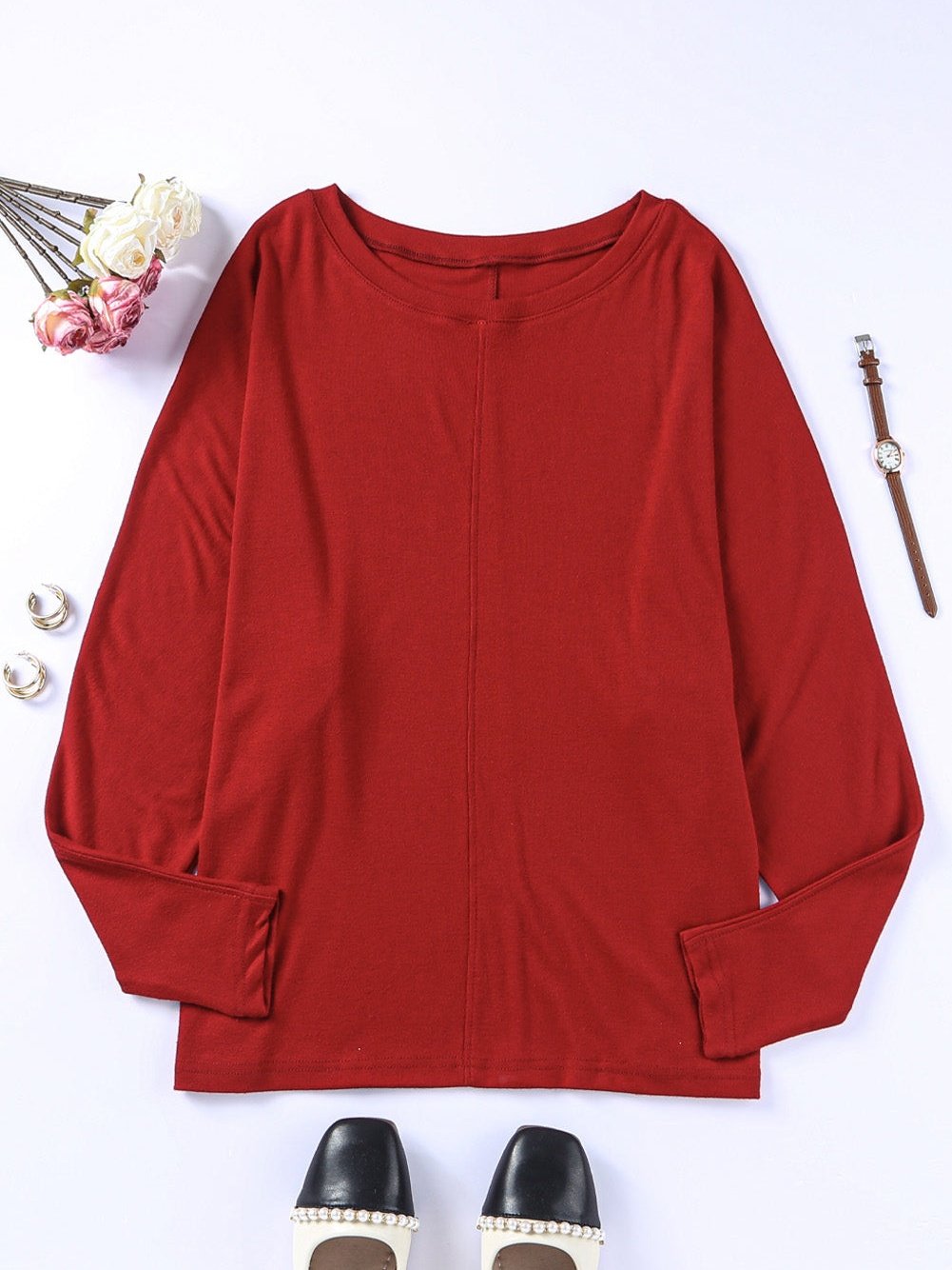 Fiery Red Crew Neck Patchwork Long Sleeve Casual Top