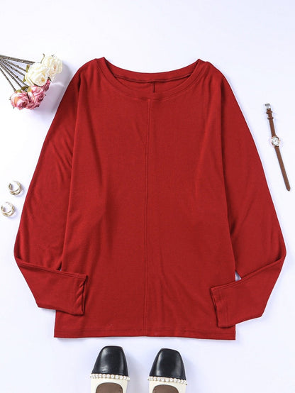 Fiery Red Crew Neck Patchwork Long Sleeve Casual Top