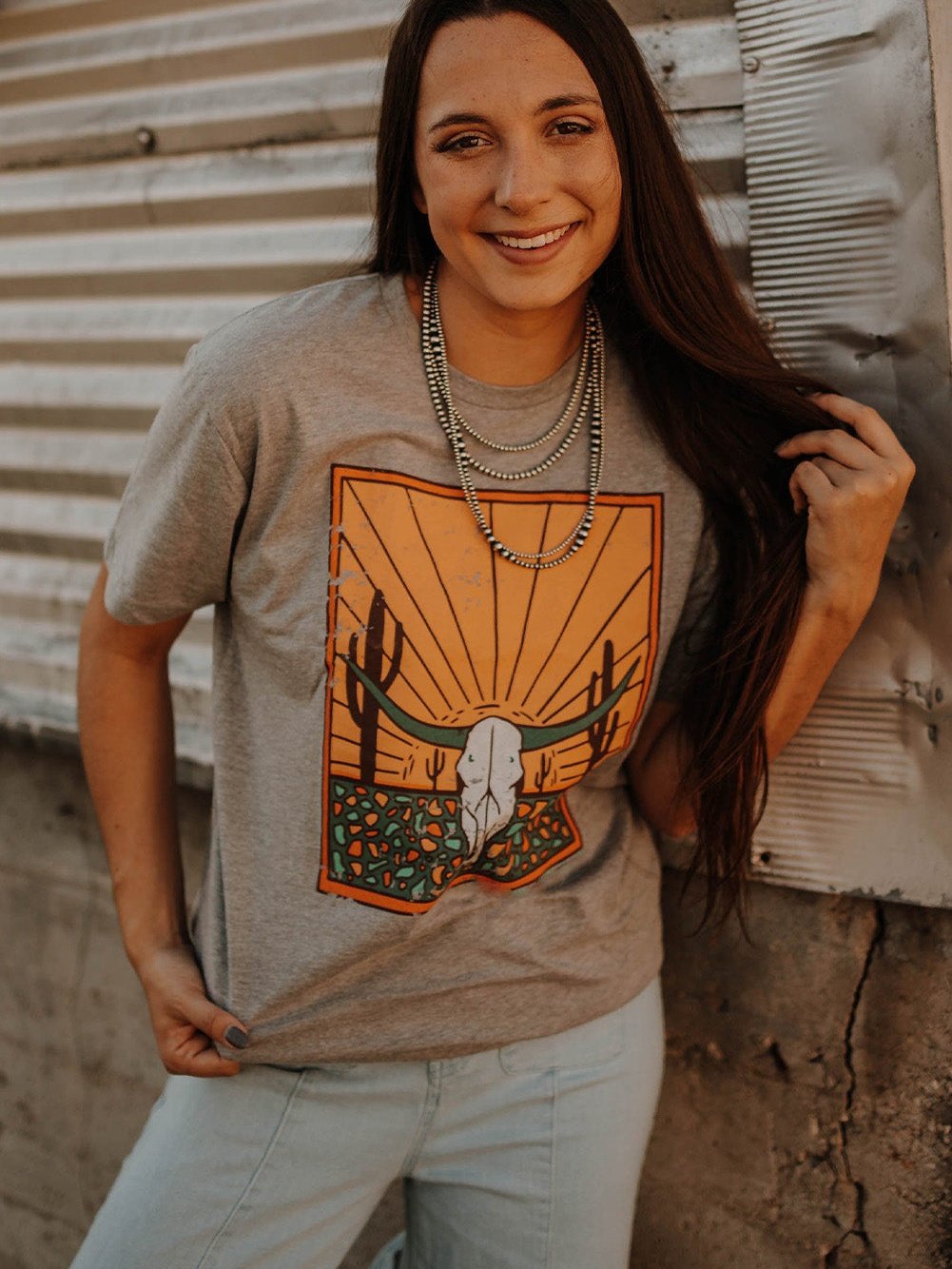 Gray Steer Skull Graphic Print Casual Crew Neck T-Shirt