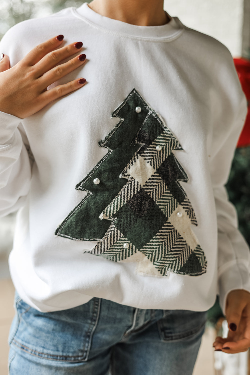 White Pearl Detail Christmas Trees Exposed Seam Patched Sweatshirt