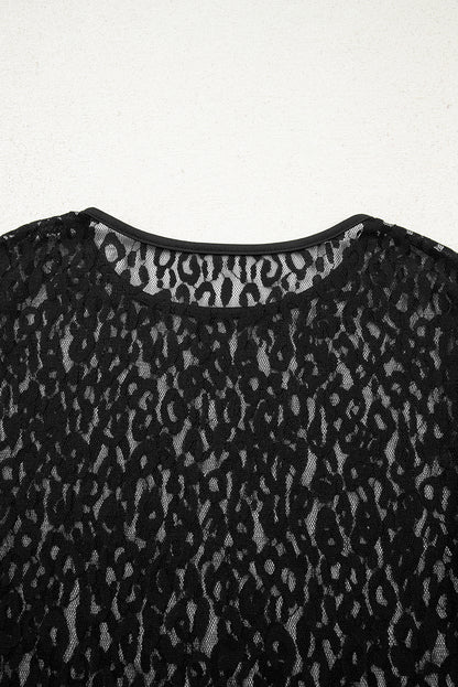 Black Leopard Pattern Sheer Mesh Long Sleeve Top
