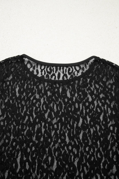 Black Leopard Pattern Sheer Mesh Long Sleeve Top