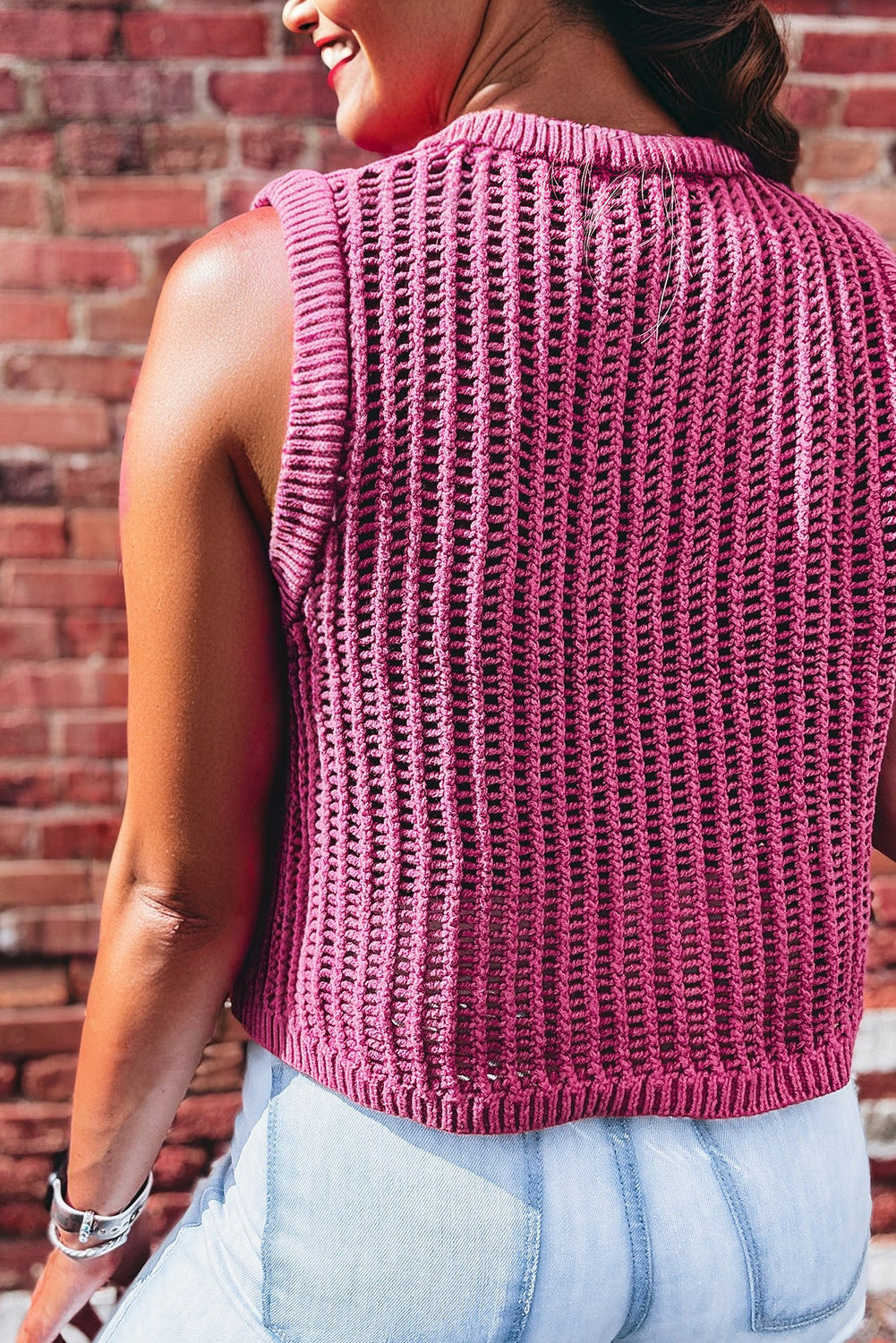 Meadow Mauve Ribbed Trim Hollow Out Knitted Sweater Tank Top