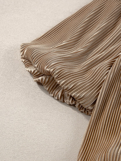Elegant Taupe Pleated Puff Sleeve Square Neck Satin Blouse