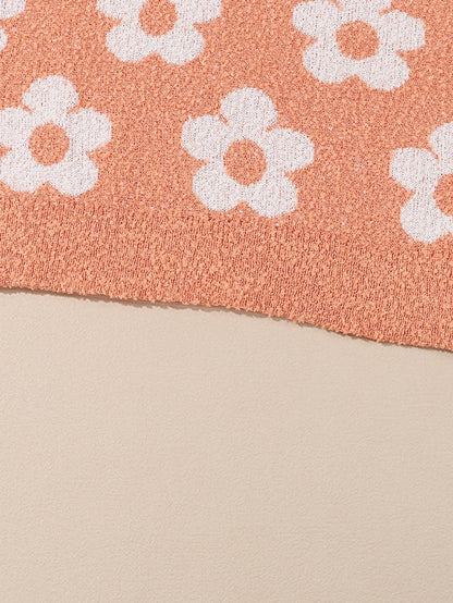 Grapefruit Orange Floral Knit Drop Shoulder Sweater with Fuzzy Texture