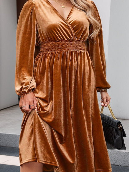 Camel Surplice V Neck Balloon Sleeve Velvet Dress