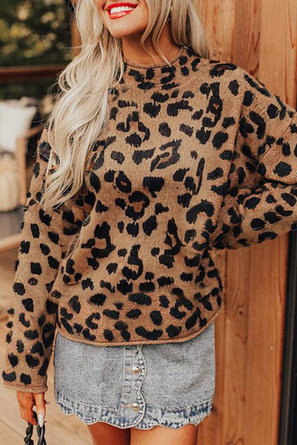 Brown Leopard High Neck Raw Edge Drop Shoulder Sweater