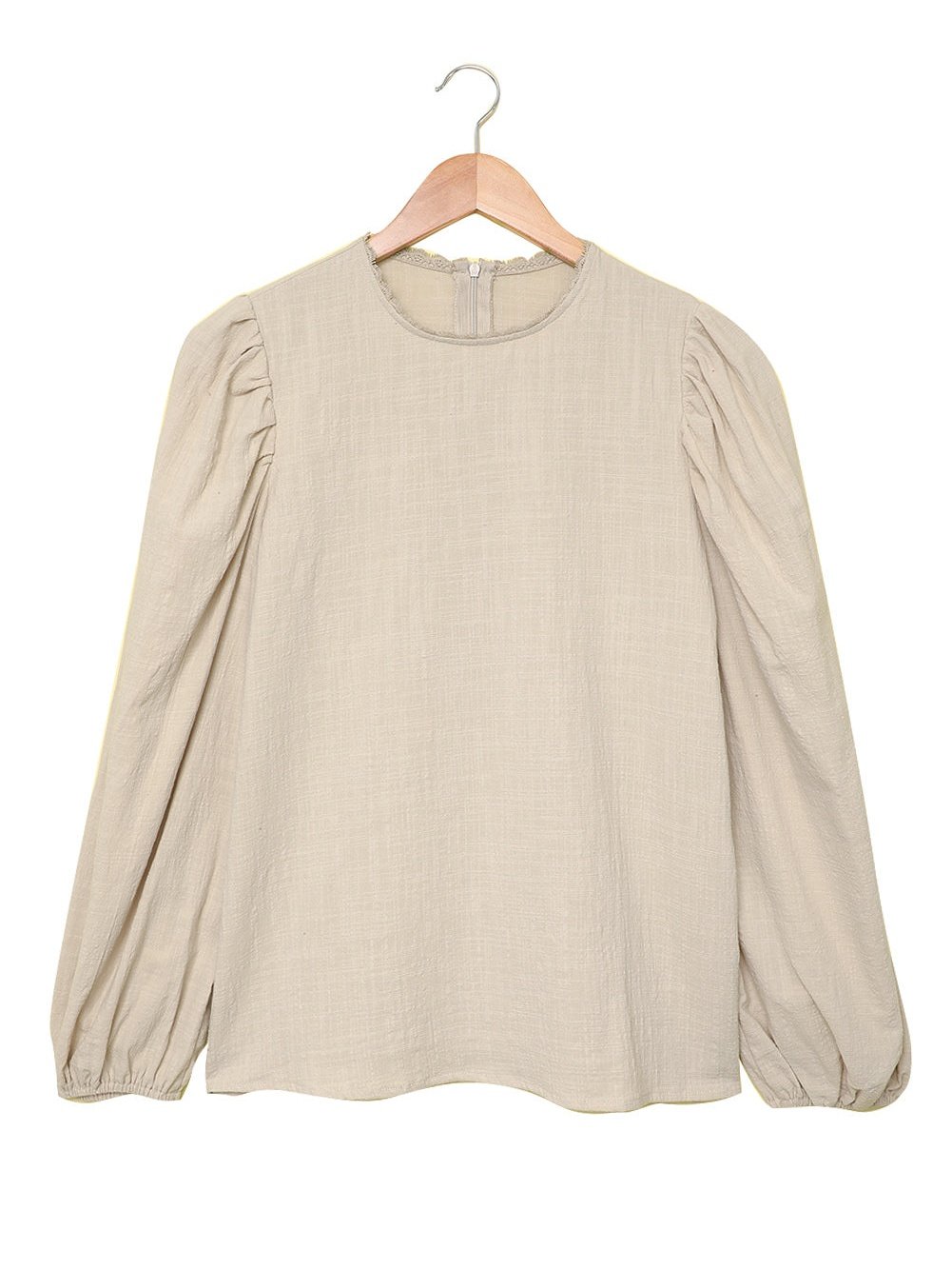 Billowed Puff Sleeve Cotton & Linen Blouse with Crew Neck