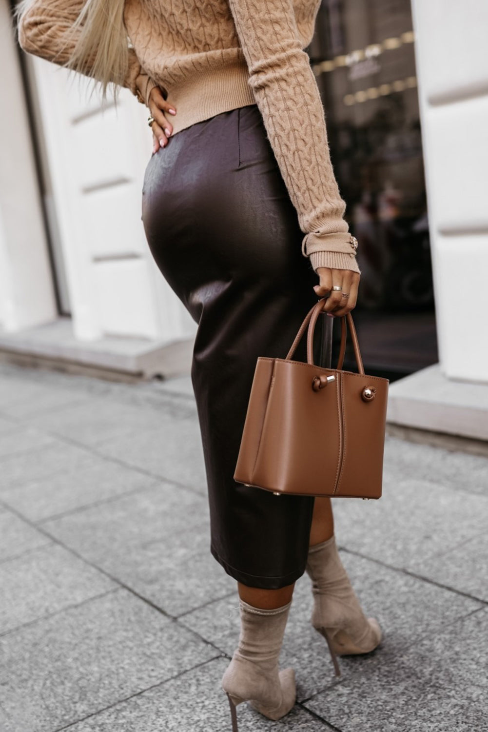 Chicory Coffee Faux Leather Flap Pocket Front Split Pencil High Waist Midi Skirt