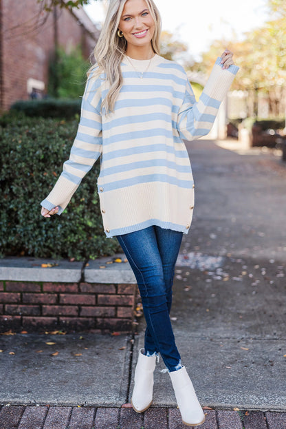 Sky Blue Stripe Ribbed Buttoned Detail Drop Shoulder Tunic Sweater