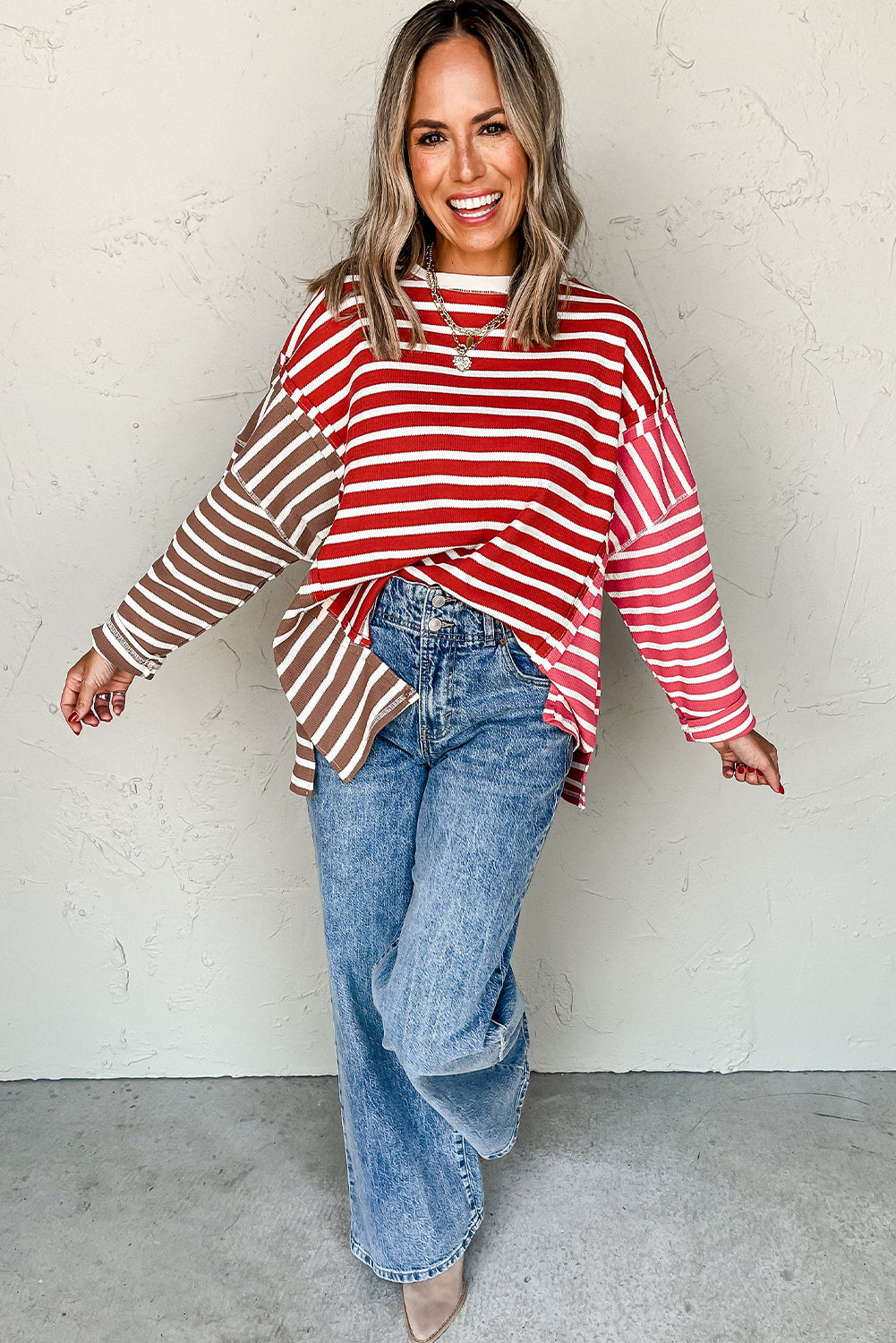 Red Stripe Colorblock Drop Shoulder Loose Long Sleeve Top
