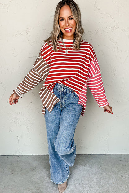 Red Stripe Colorblock Drop Shoulder Loose Long Sleeve Top