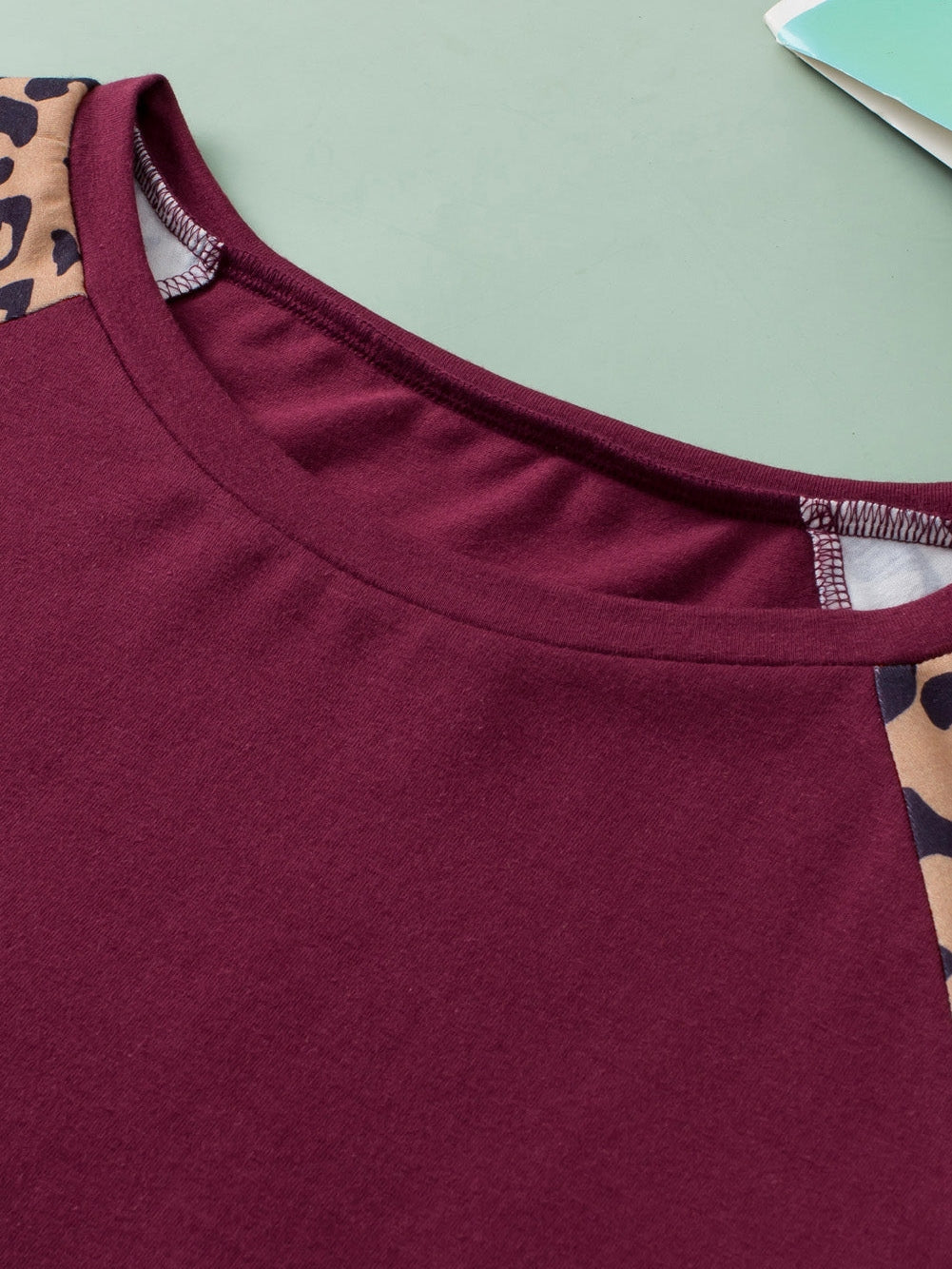 Leopard Print Raglan Sleeve Burgundy Plus Size Tee