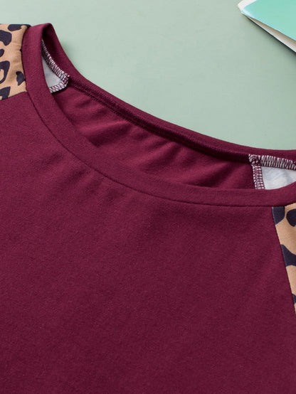 Leopard Print Raglan Sleeve Burgundy Plus Size Tee