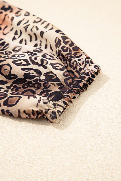 Brown Leopard Ruffled Detail Long Sleeve Loose Mini Dress