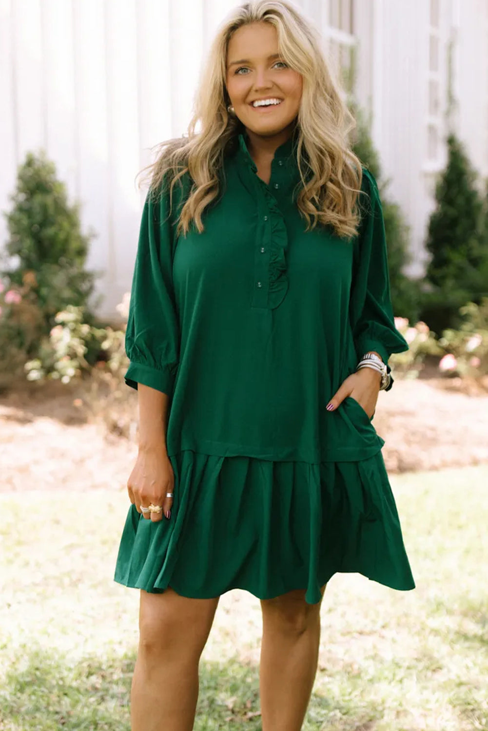 Evergreen Frilled Half Button Neck 3/4 Sleeve Ruffle Hem Mini Dress