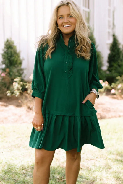 Evergreen Frilled Half Button Neck 3/4 Sleeve Ruffle Hem Mini Dress
