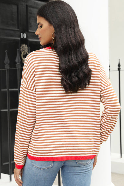 Brown Striped Contrast Trimmed Drop Shoulder Sweater