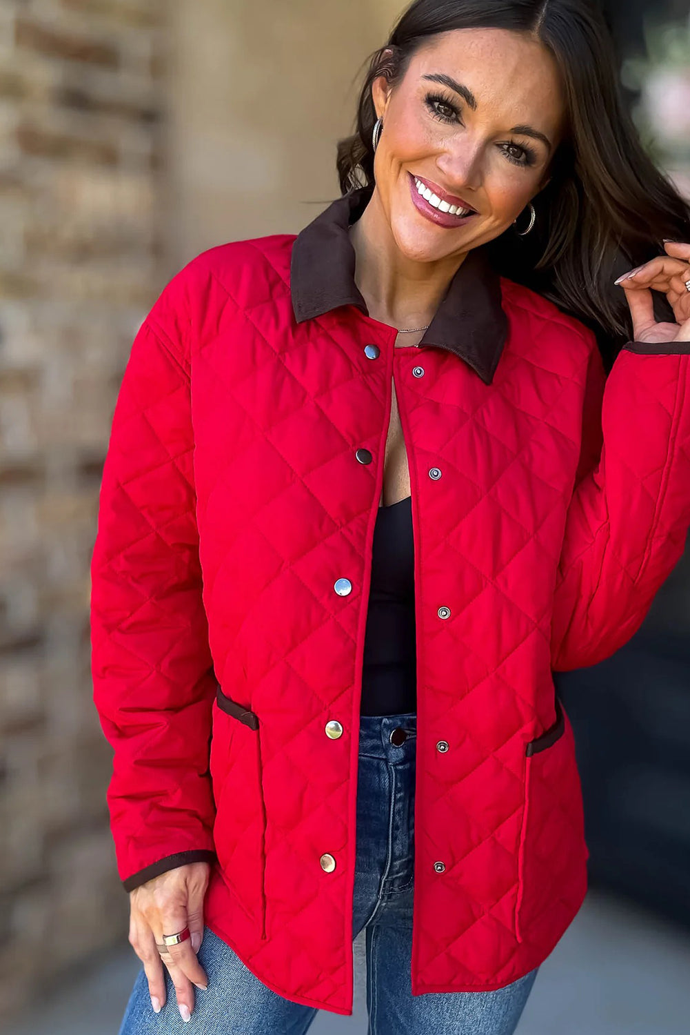 Racing Red Snap Button Quilted Color Block Collar Pocketed Winter Jacket